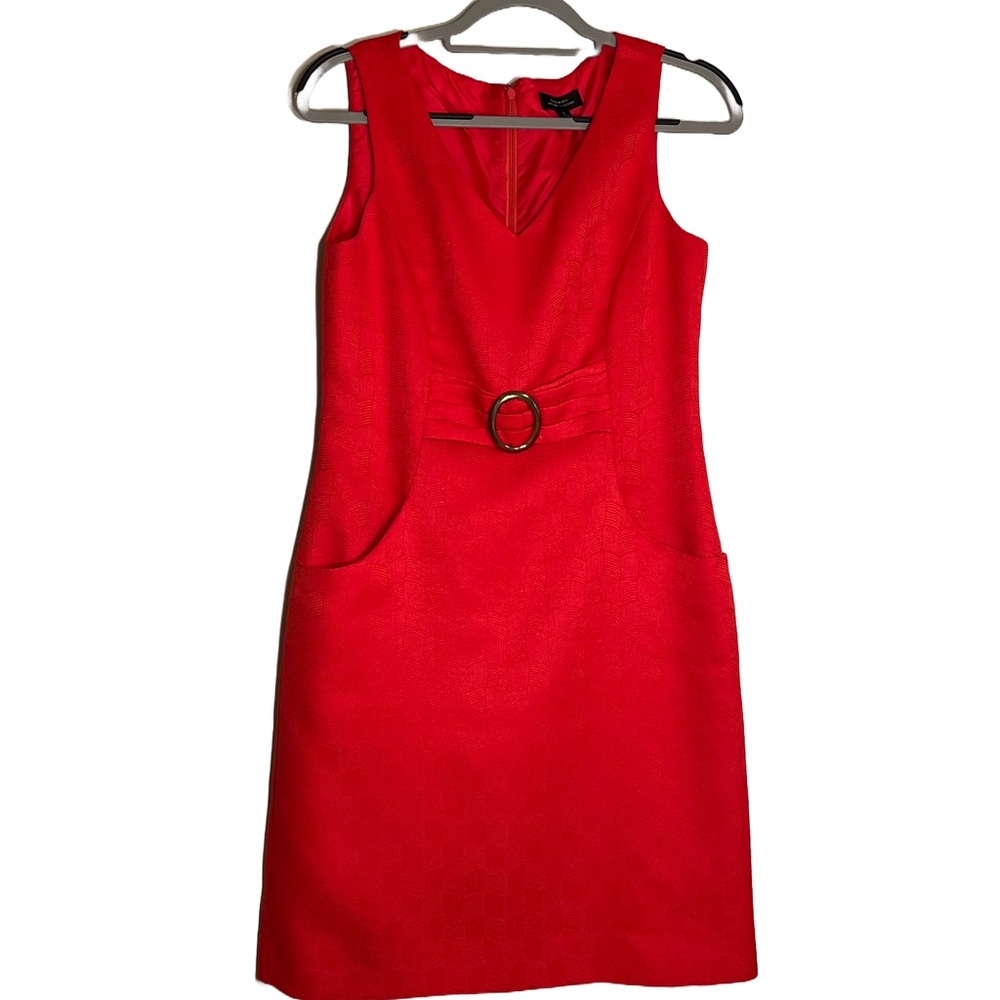 Tahari burnt orange sheath dress with pleated front buckle and pockets size 8